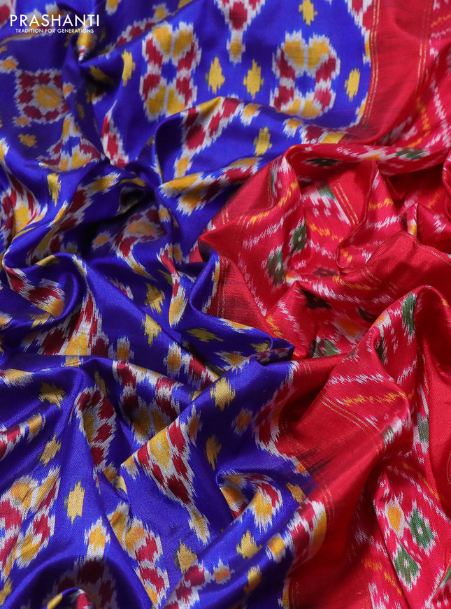 Pochampally silk saree blue and red with allover ikat weaves and long zari woven border
