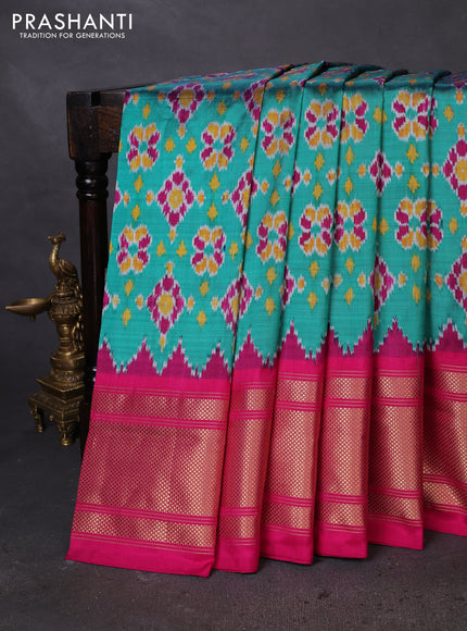 Pochampally silk saree teal green and pink with allover ikat weaves and long zari woven border