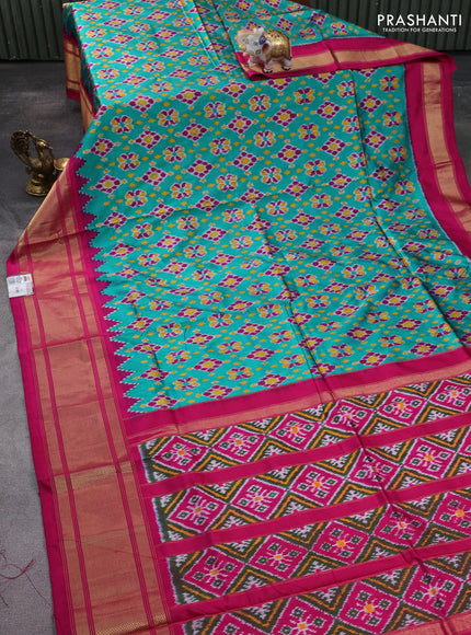Pochampally silk saree teal green and pink with allover ikat weaves and long zari woven border