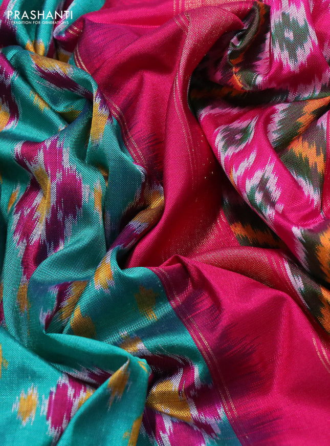 Pochampally silk saree teal green and pink with allover ikat weaves and long zari woven border