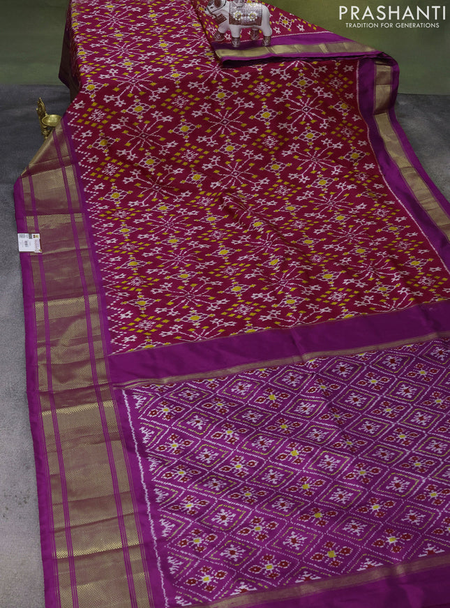 Pochampally silk saree magenta pink and purple with allover ikat weaves and long zari woven border