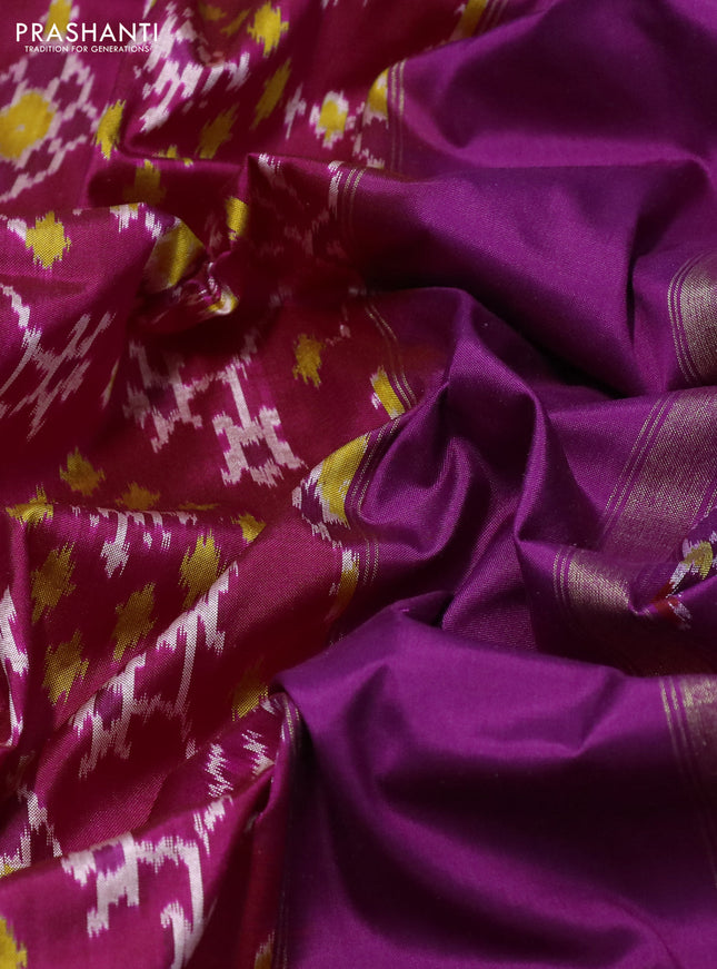 Pochampally silk saree magenta pink and purple with allover ikat weaves and long zari woven border