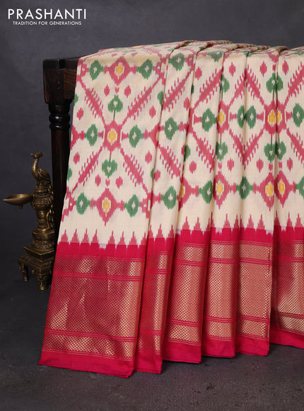 Pochampally silk saree off white and pink with allover ikat weaves and long zari woven border