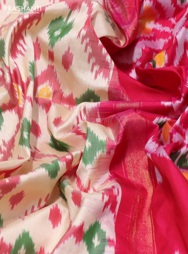 Pochampally silk saree off white and pink with allover ikat weaves and long zari woven border