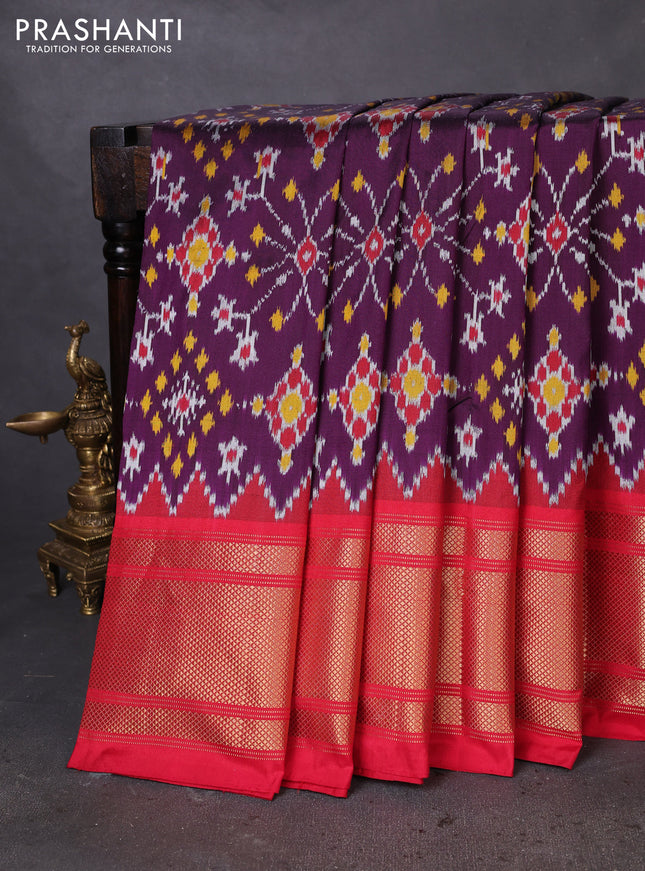 Pochampally silk saree deep purple and red with allover ikat weaves and long zari woven border