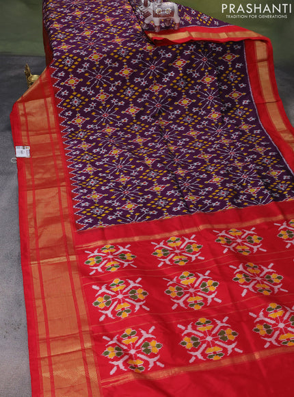 Pochampally silk saree deep purple and red with allover ikat weaves and long zari woven border