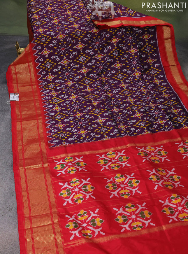 Pochampally silk saree deep purple and red with allover ikat weaves and long zari woven border