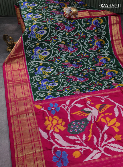 Pochampally silk saree green and pink with allover ikat weaves and long zari woven annam border