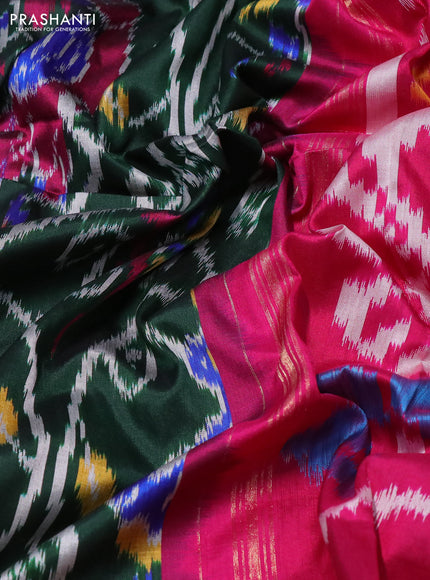 Pochampally silk saree green and pink with allover ikat weaves and long zari woven annam border