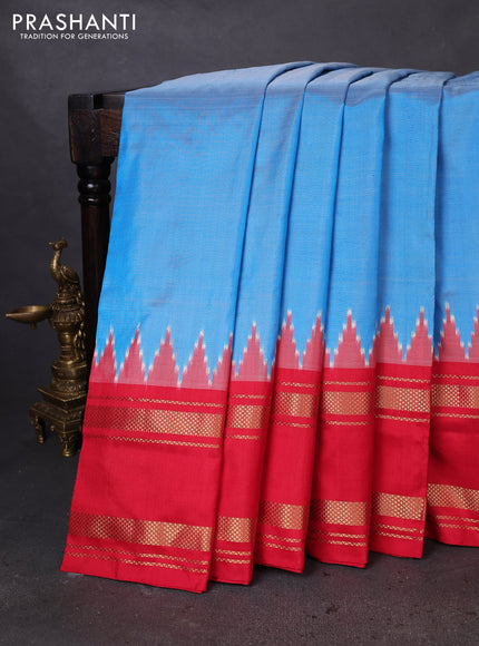 Pochampally silk saree cs blue and red with plain body and temple design zari woven border