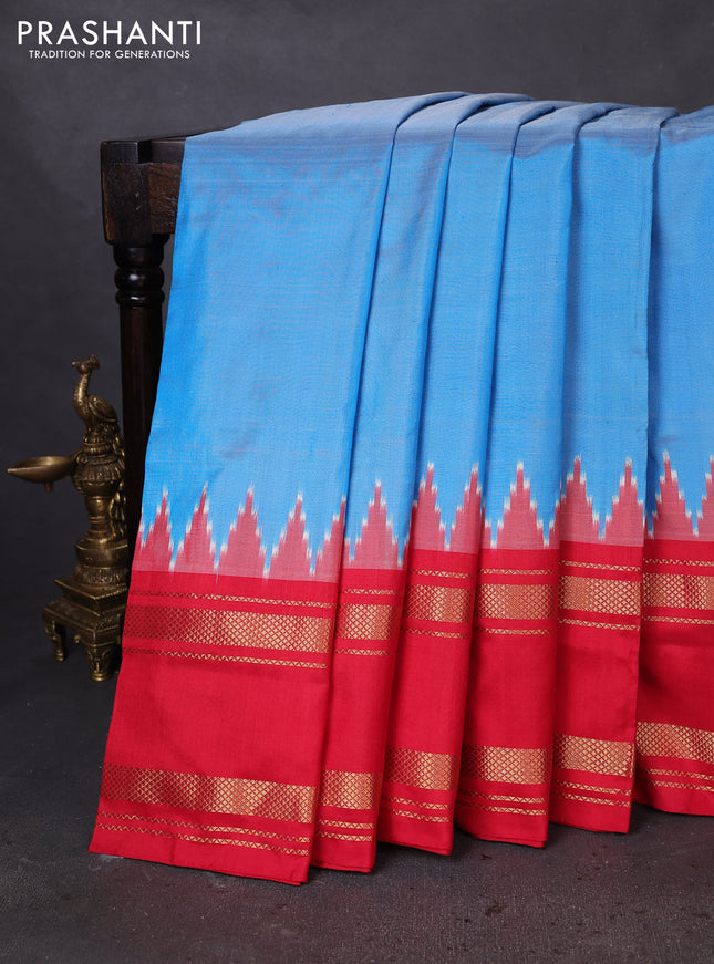 Pochampally silk saree cs blue and red with plain body and temple design zari woven border