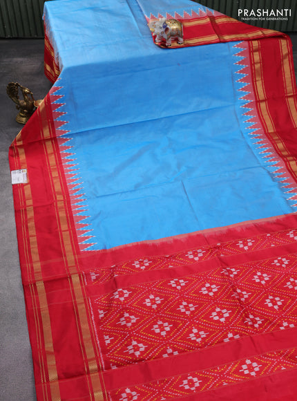 Pochampally silk saree cs blue and red with plain body and temple design zari woven border
