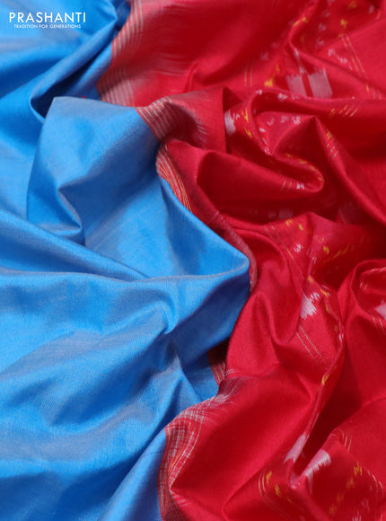Pochampally silk saree cs blue and red with plain body and temple design zari woven border