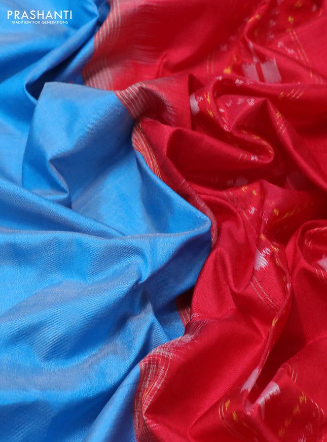 Pochampally silk saree cs blue and red with plain body and temple design zari woven border