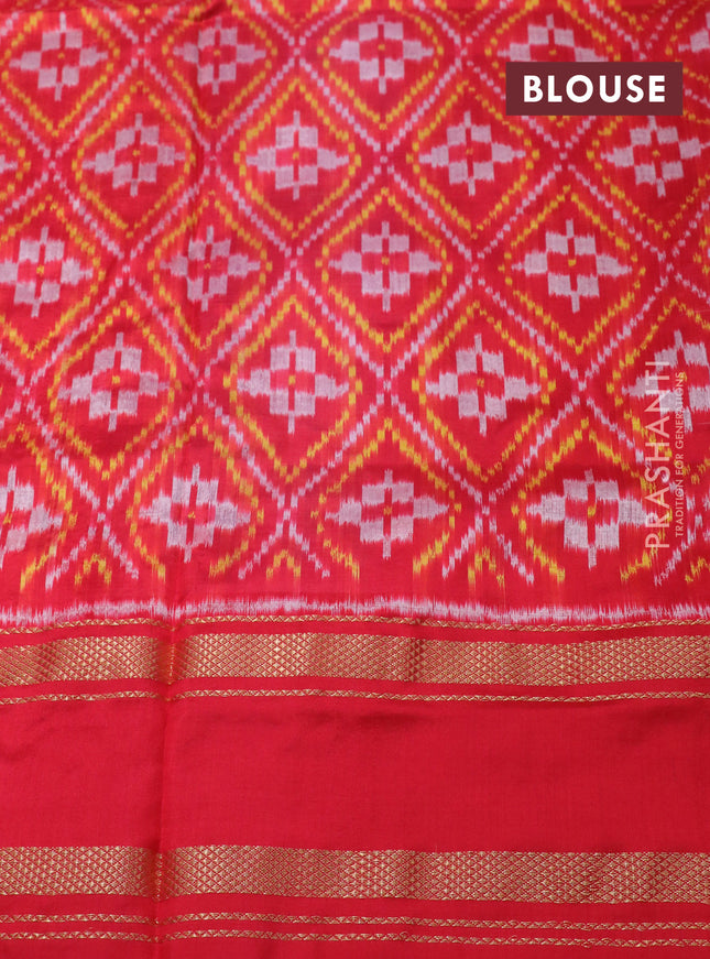 Pochampally silk saree cs blue and red with plain body and temple design zari woven border