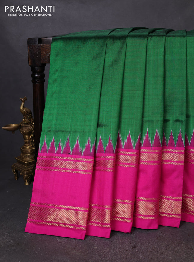 Pochampally silk saree green and pink with plain body and temple design zari woven border