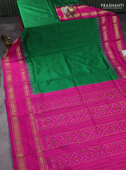 Pochampally silk saree green and pink with plain body and temple design zari woven border