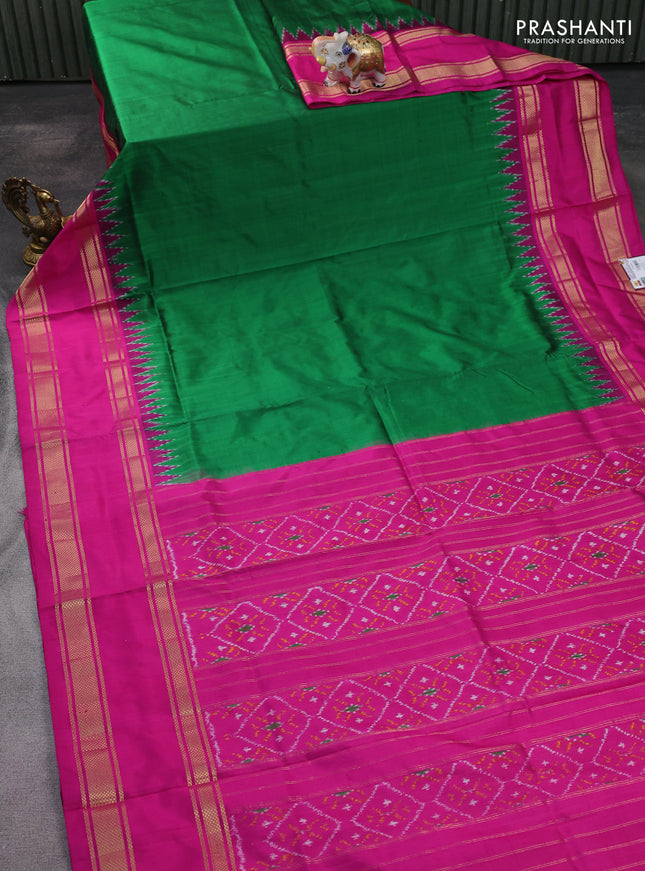 Pochampally silk saree green and pink with plain body and temple design zari woven border