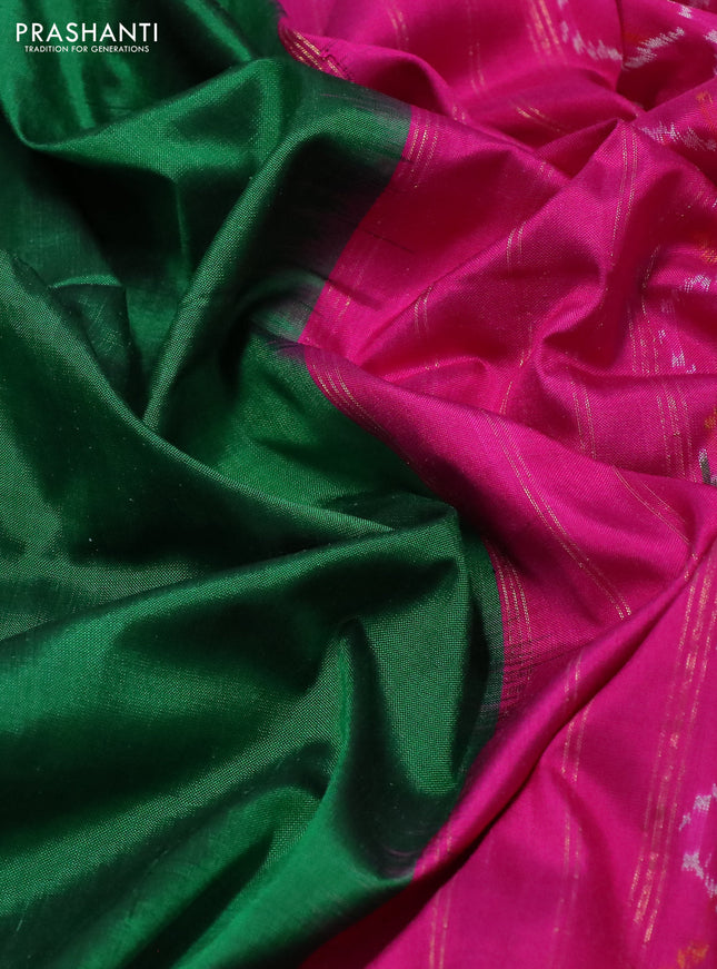 Pochampally silk saree green and pink with plain body and temple design zari woven border