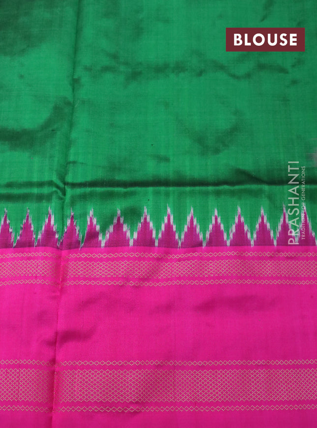 Pochampally silk saree green and pink with plain body and temple design zari woven border