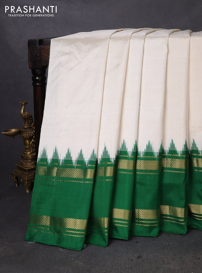 Pochampally silk saree off white and green with plain body and temple design zari woven border