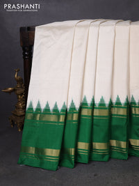 Pochampally silk saree off white and green with plain body and temple design zari woven border