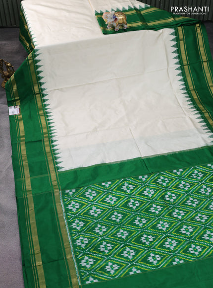 Pochampally silk saree off white and green with plain body and temple design zari woven border