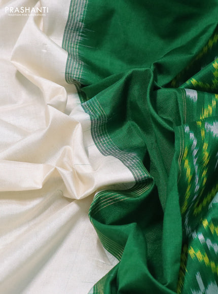 Pochampally silk saree off white and green with plain body and temple design zari woven border