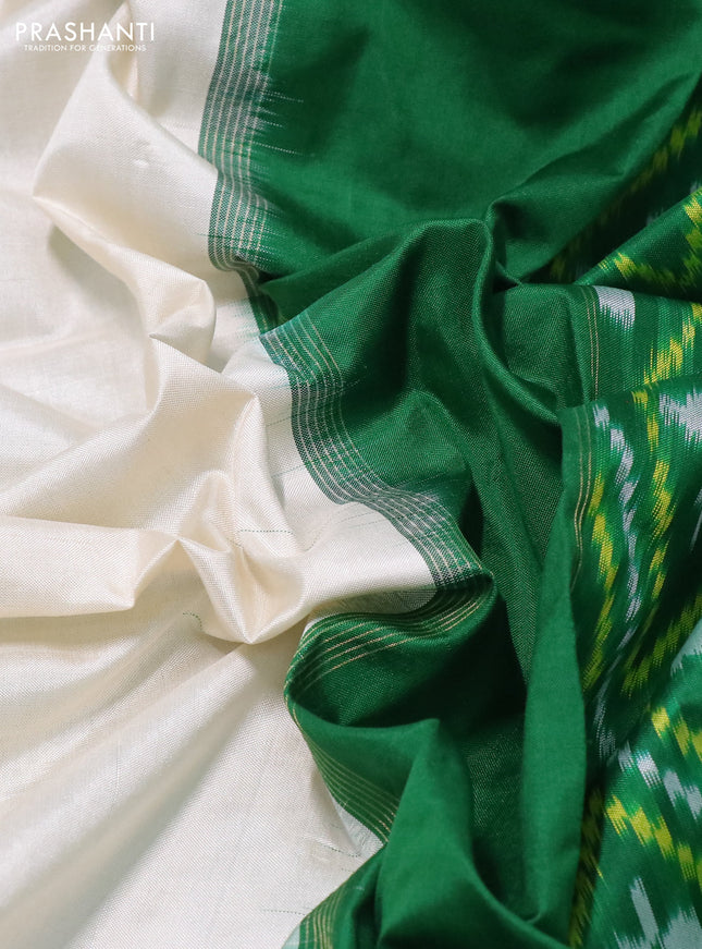 Pochampally silk saree off white and green with plain body and temple design zari woven border