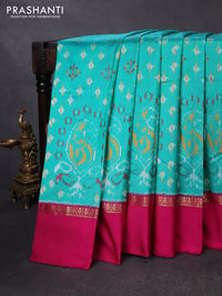 Pochampally silk saree teal green and pink with allover ikat weaves and zari woven simple border