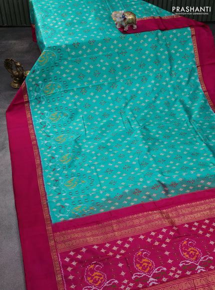 Pochampally silk saree teal green and pink with allover ikat weaves and zari woven simple border