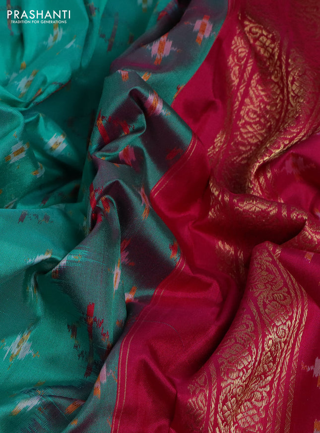Pochampally silk saree teal green and pink with allover ikat weaves and zari woven simple border