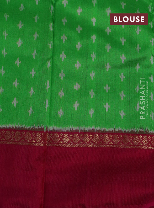 Pochampally silk saree parrot green and magenta pink with allover ikat weaves and zari woven simple border