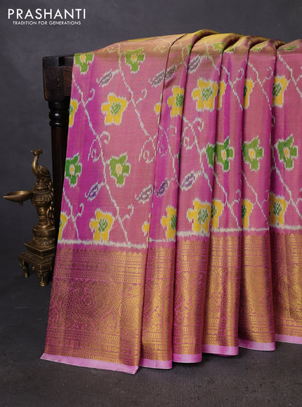 Pochampally tissue silk saree pink shade with allover ikat weaves and annam zari woven border