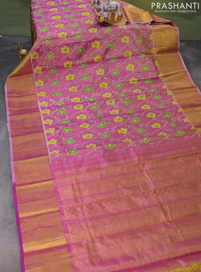 Pochampally tissue silk saree pink shade with allover ikat weaves and annam zari woven border