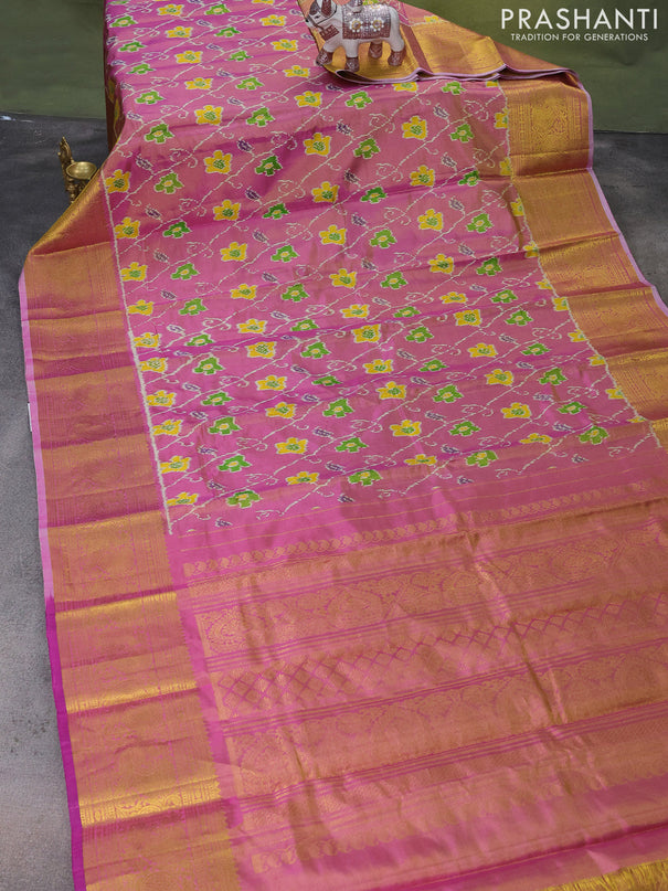 Pochampally tissue silk saree pink shade with allover ikat weaves and annam zari woven border
