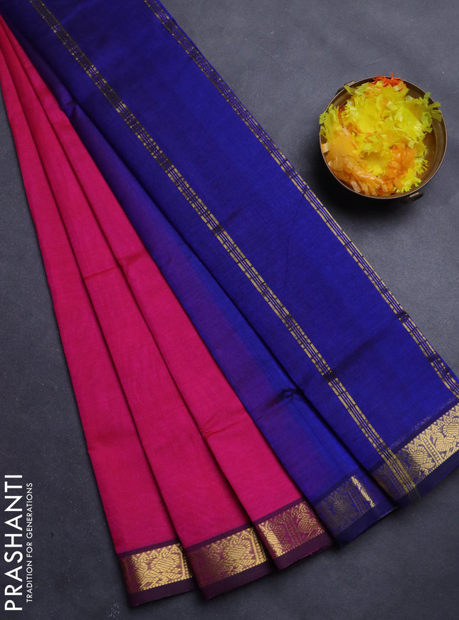 Silk Cotton saree pink and blue with plain body and zari woven border