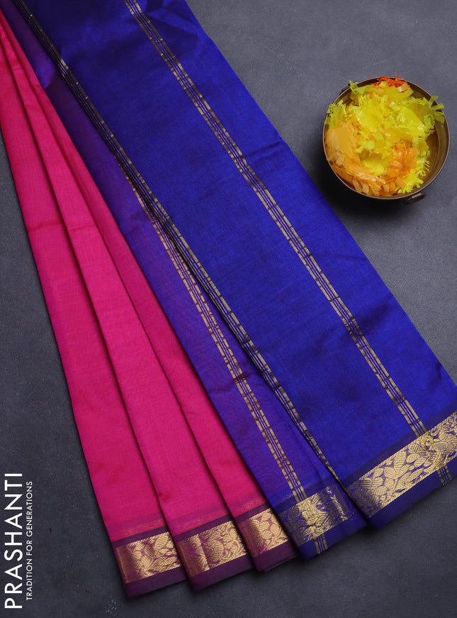 Silk Cotton saree pink and navy blue with plain body and zari woven border