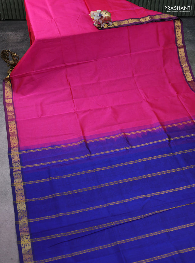 Silk Cotton saree pink and navy blue with plain body and zari woven border
