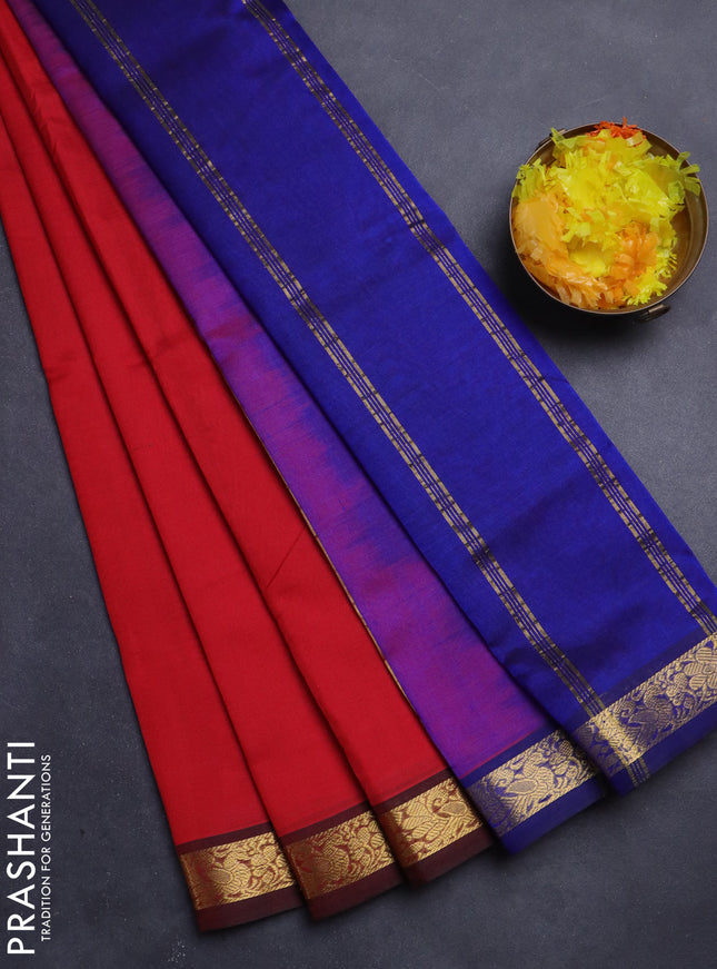 Silk Cotton saree red and blue with plain body and zari woven border