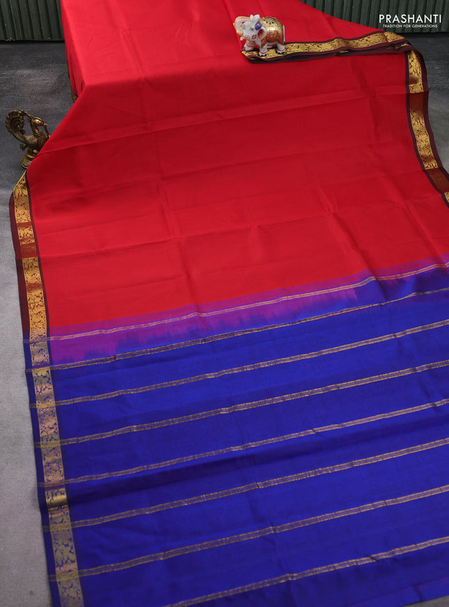 Silk Cotton saree red and blue with plain body and zari woven border