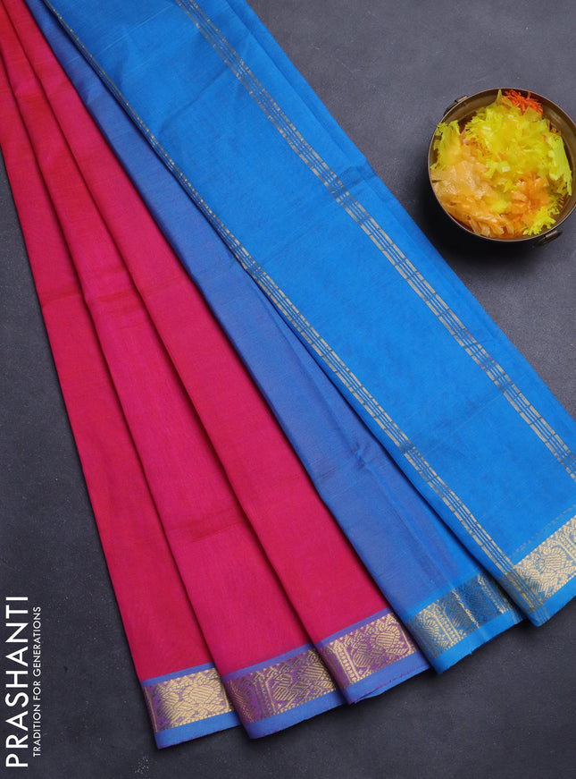 Silk Cotton saree dual shade of pink and cs blue with plain body and zari woven border
