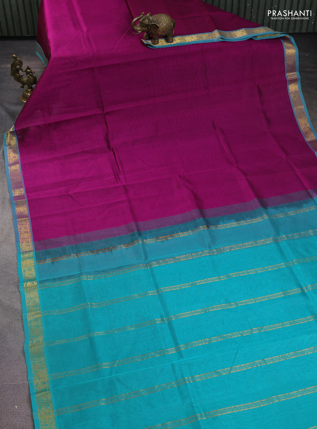 Silk Cotton saree purple and teal blue with plain body and zari woven border