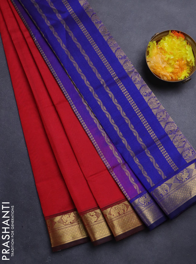 Silk Cotton saree pink and blue with plain body and zari woven border
