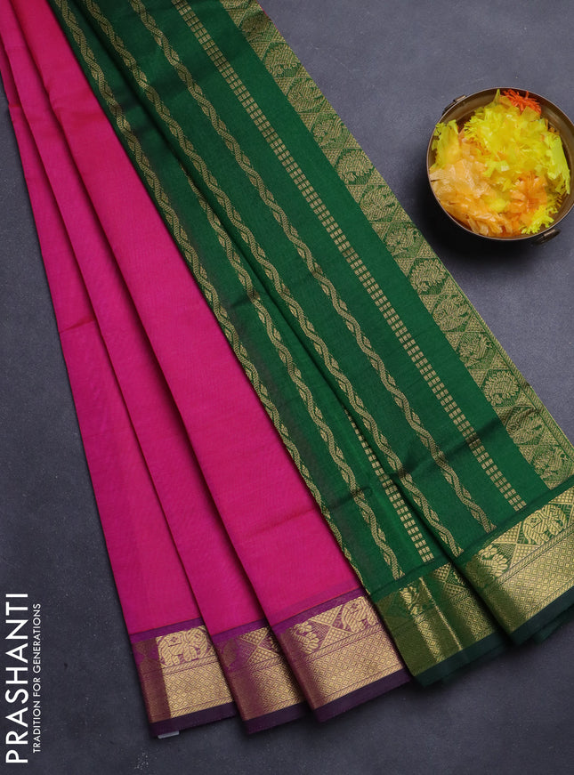 Silk Cotton saree pink and green with plain body and zari woven border