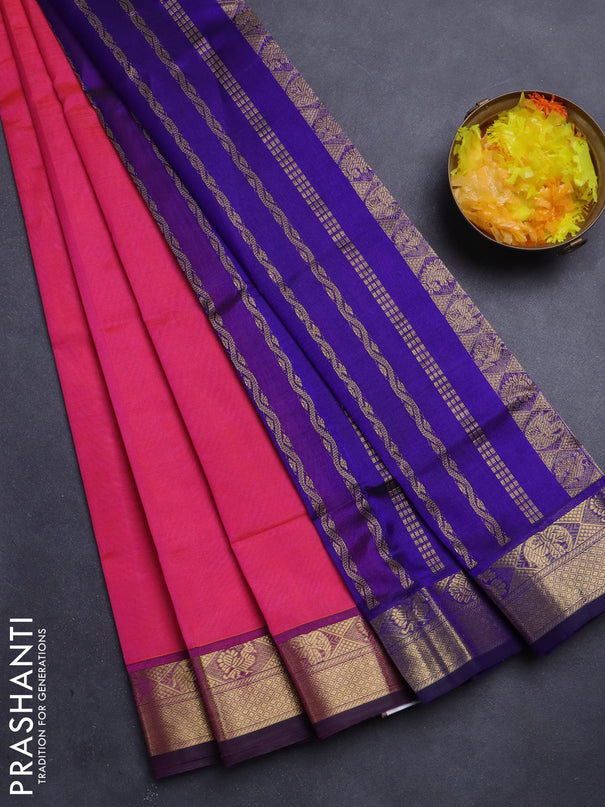 Silk Cotton saree dual shade of pink and blue with plain body and zari woven border