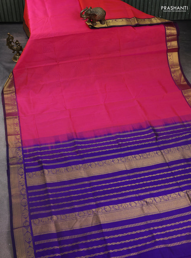 Silk Cotton saree dual shade of pink and blue with plain body and zari woven border