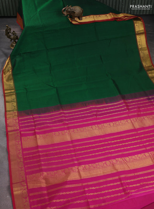 Silk Cotton saree green and pink with plain body and zari woven border