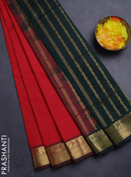 Silk Cotton saree red and bottle green with plain body and zari woven border