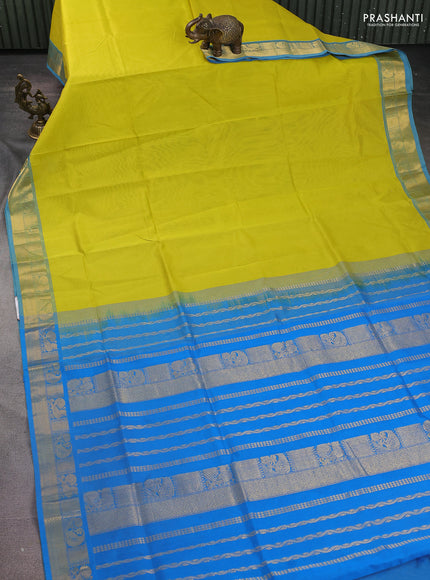 Silk Cotton saree lime yellow and cs blue with plain body and zari woven border